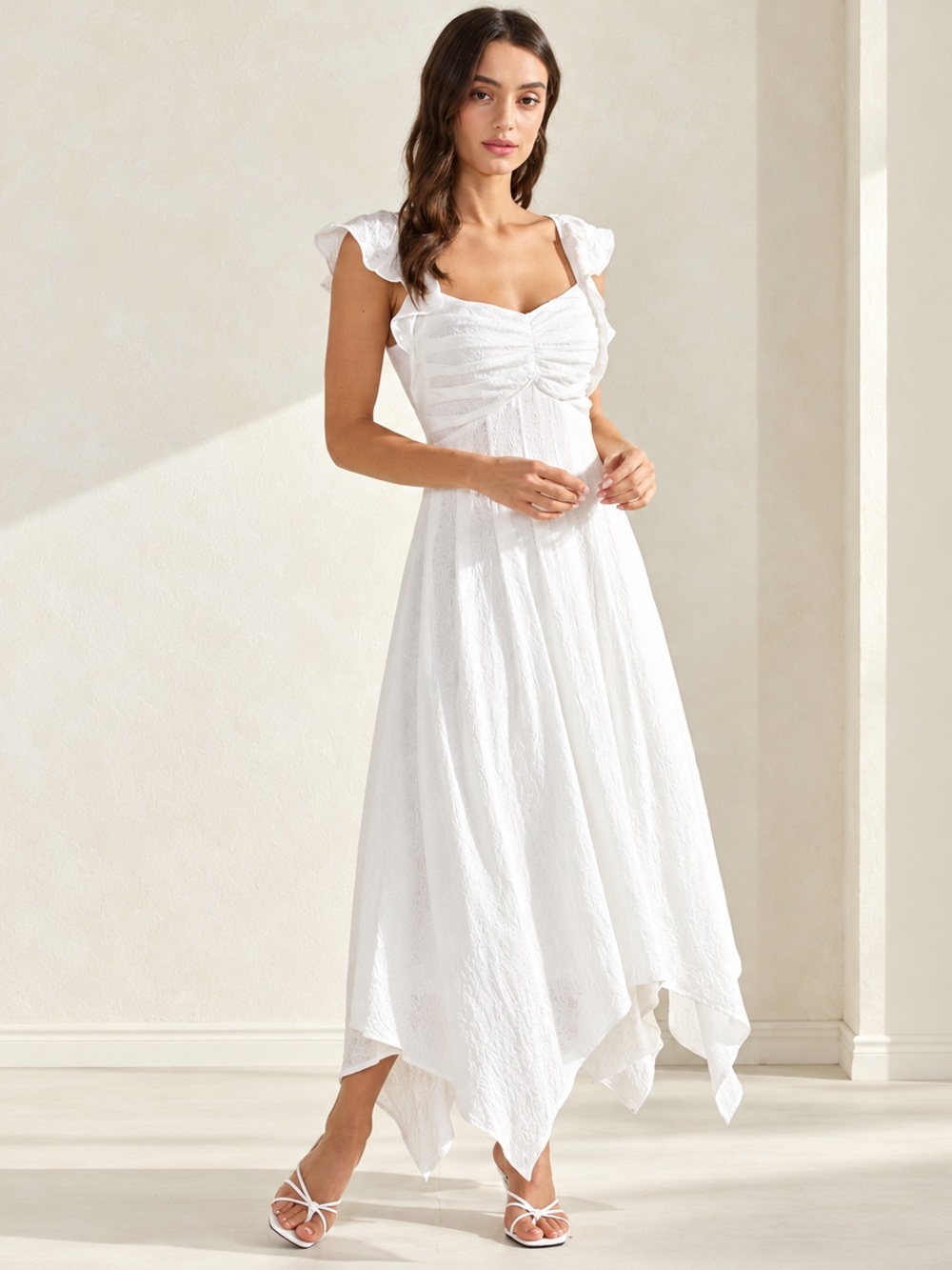 Ramy Brook White Eyelet Lace Flutter Sleeve Smocked Bodice Midi Dress SZ 6